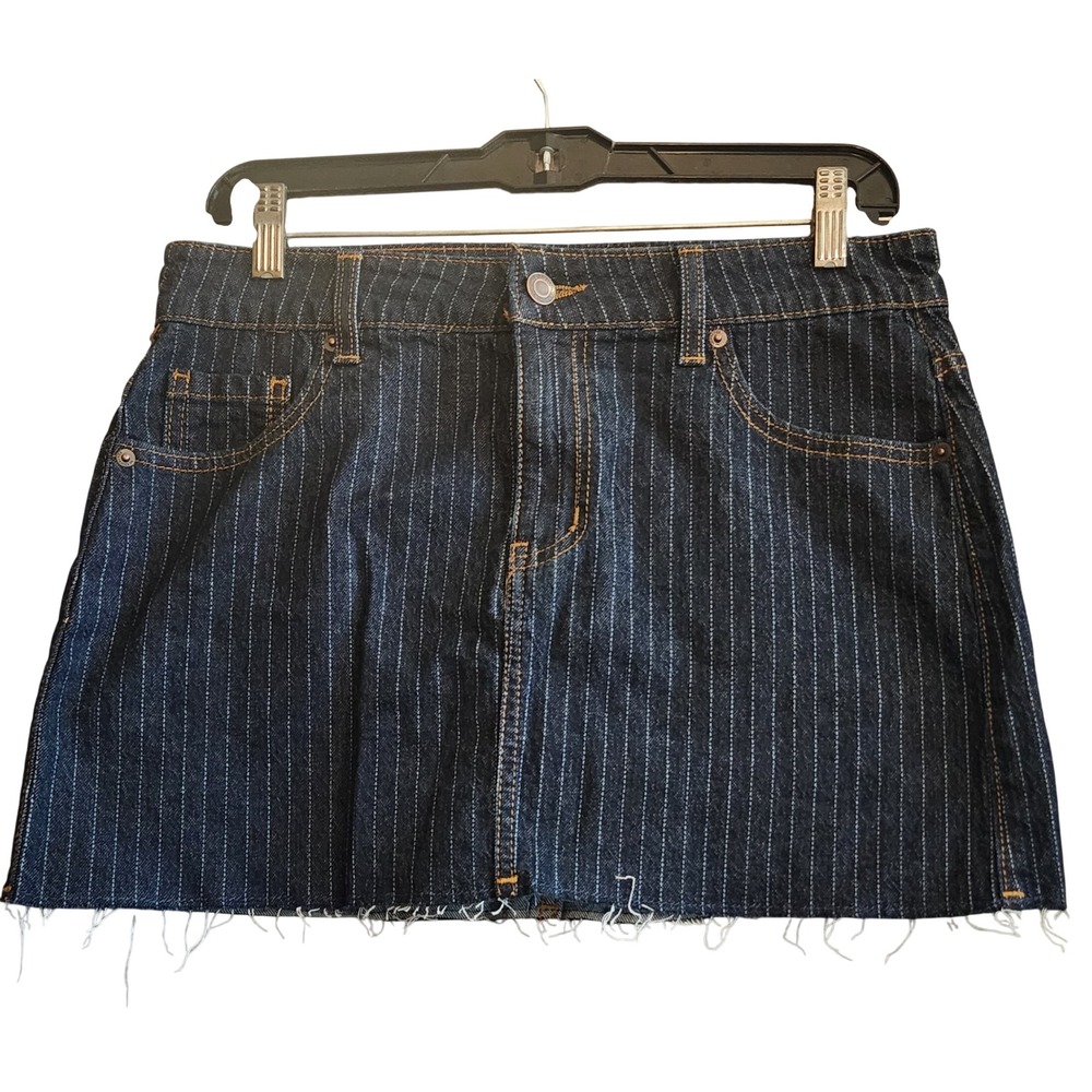 No Boundaries NWOT Pinstripe Mini Skirt Women Small Blue Raw Hem Y2K Denim [4-6]